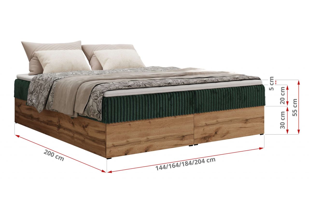 Łóżko kontynentalne - WOOD ZERO 140x200 - H3 - ciemnozielony, sztruks - topper T25