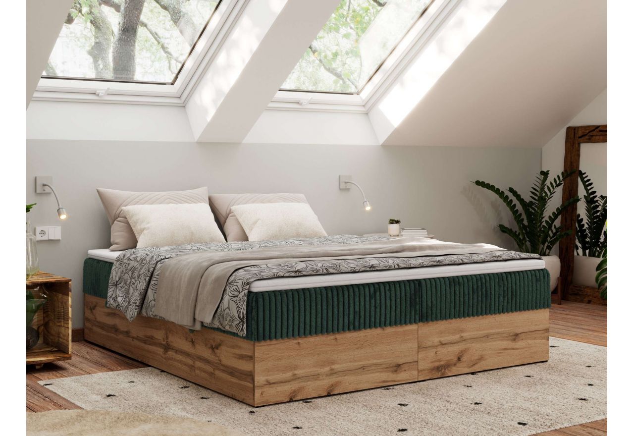 Łóżko kontynentalne - WOOD ZERO 180x200 - H3 - ciemnozielony, sztruks - topper T25