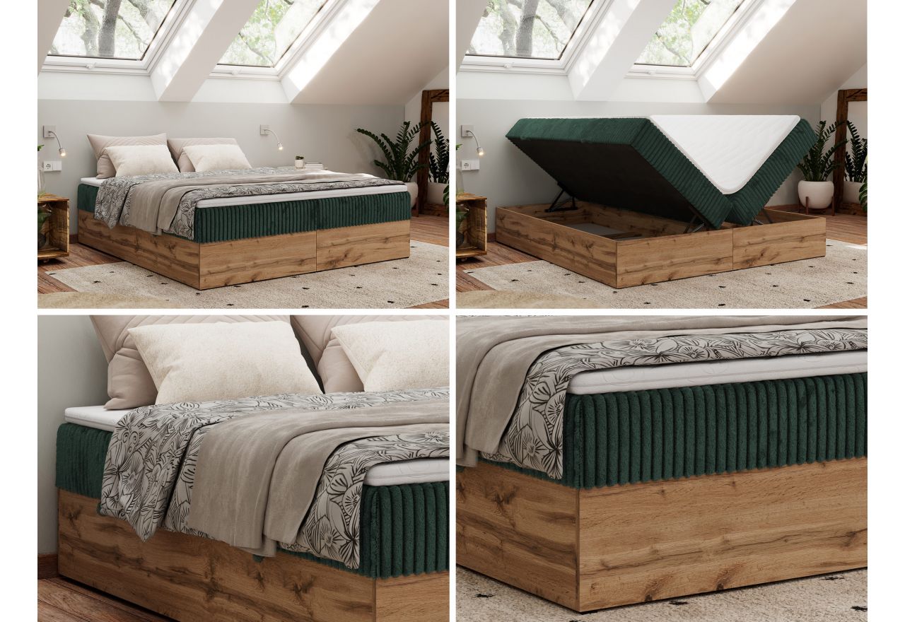 Łóżko kontynentalne - WOOD ZERO 200x200 - H3 - ciemnozielony, sztruks - topper T25