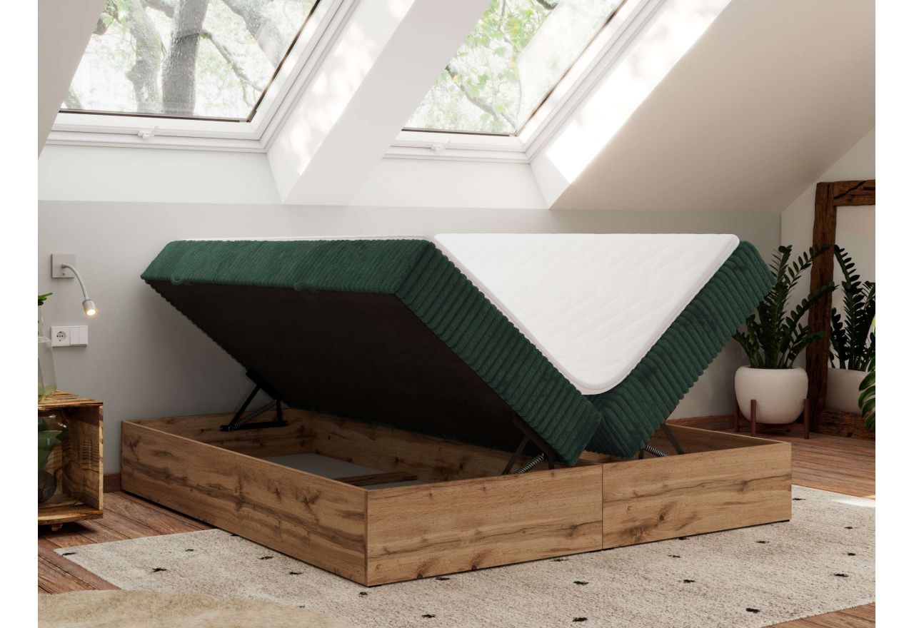 Łóżko kontynentalne - WOOD ZERO 160x200 - H4 - ciemnozielony, sztruks - topper T25