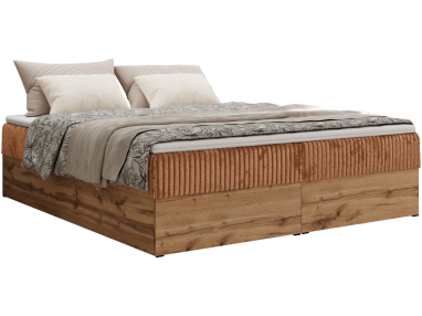 Łóżko kontynentalne - WOOD ZERO 140x200 - H3 - pomarańczowy, sztruks - topper T25
