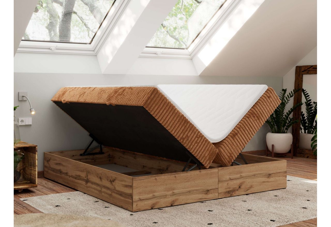 Łóżko kontynentalne - WOOD ZERO 160x200 - H3 - pomarańczowy, sztruks - topper T25