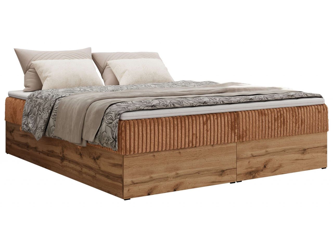 Łóżko kontynentalne - WOOD ZERO 140x200 - H4 - pomarańczowy, sztruks - topper T25
