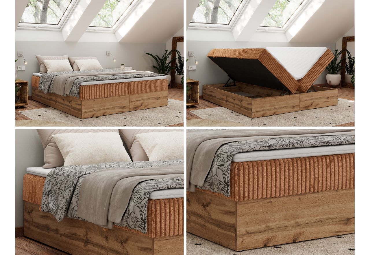 Łóżko kontynentalne - WOOD ZERO 180x200 - H4 - pomarańczowy, sztruks - topper T25