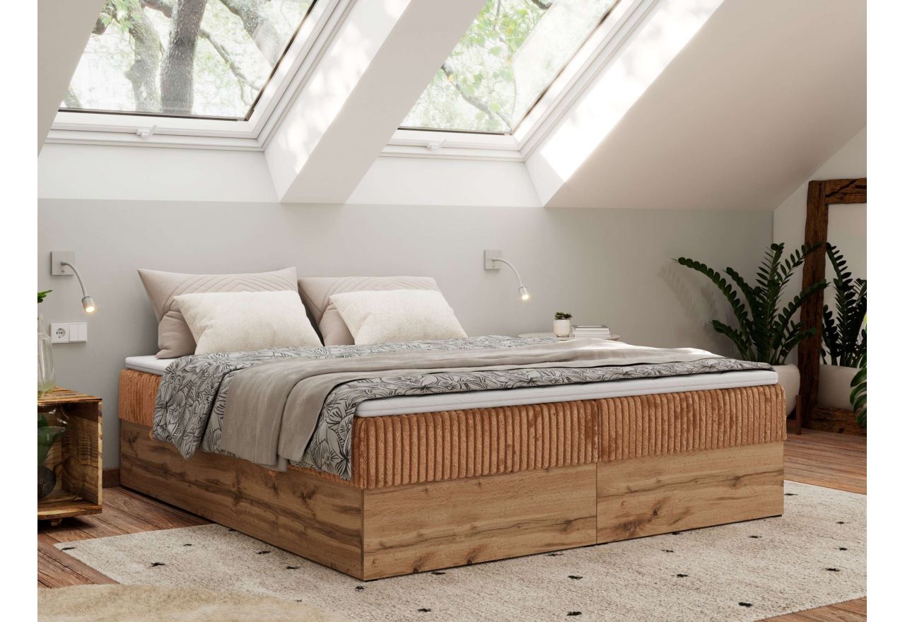 Łóżko kontynentalne - WOOD ZERO 200x200 - H4 - pomarańczowy, sztruks - topper T25