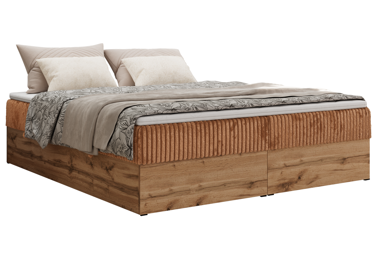 Łóżko kontynentalne - WOOD ZERO 200x200 - H4 - pomarańczowy, sztruks - topper T25