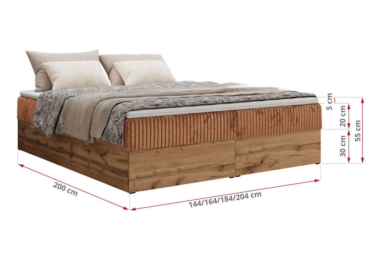 Łóżko kontynentalne - WOOD ZERO 200x200 - H4 - pomarańczowy, sztruks - topper T25