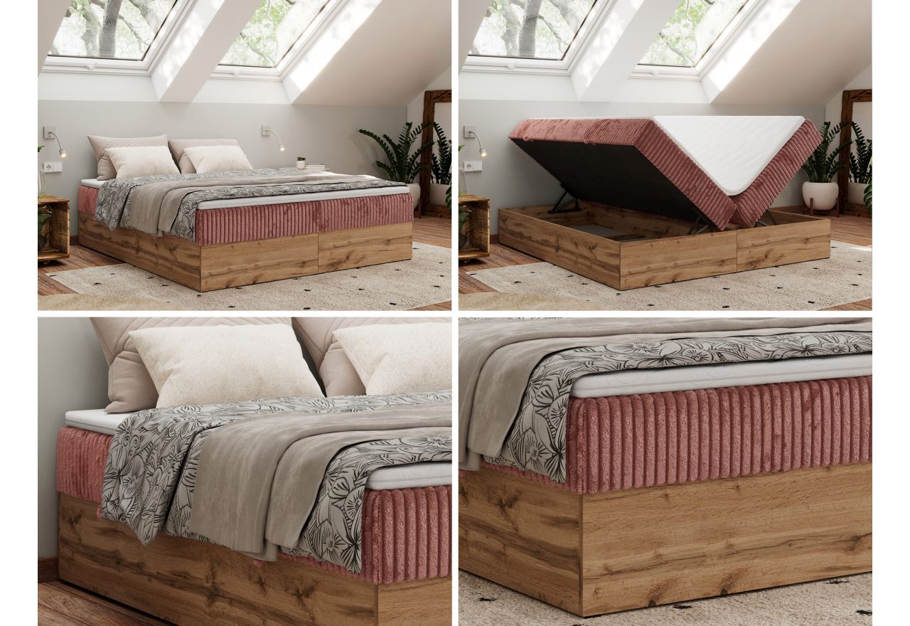 Łóżko kontynentalne - WOOD ZERO 140x200 - H3 - różowy, sztruks - topper T25