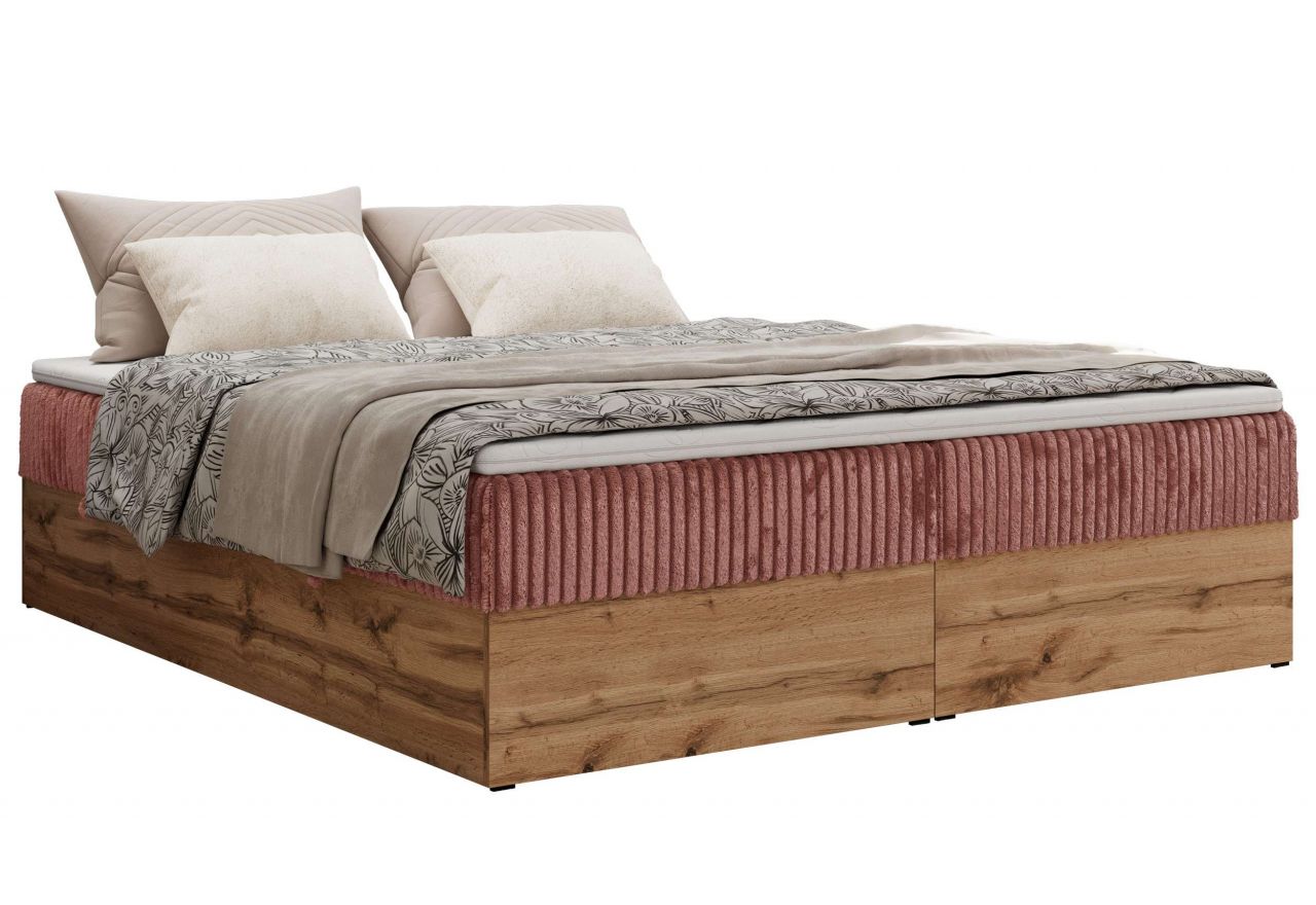 Łóżko kontynentalne - WOOD ZERO 140x200 - H3 - różowy, sztruks - topper T25