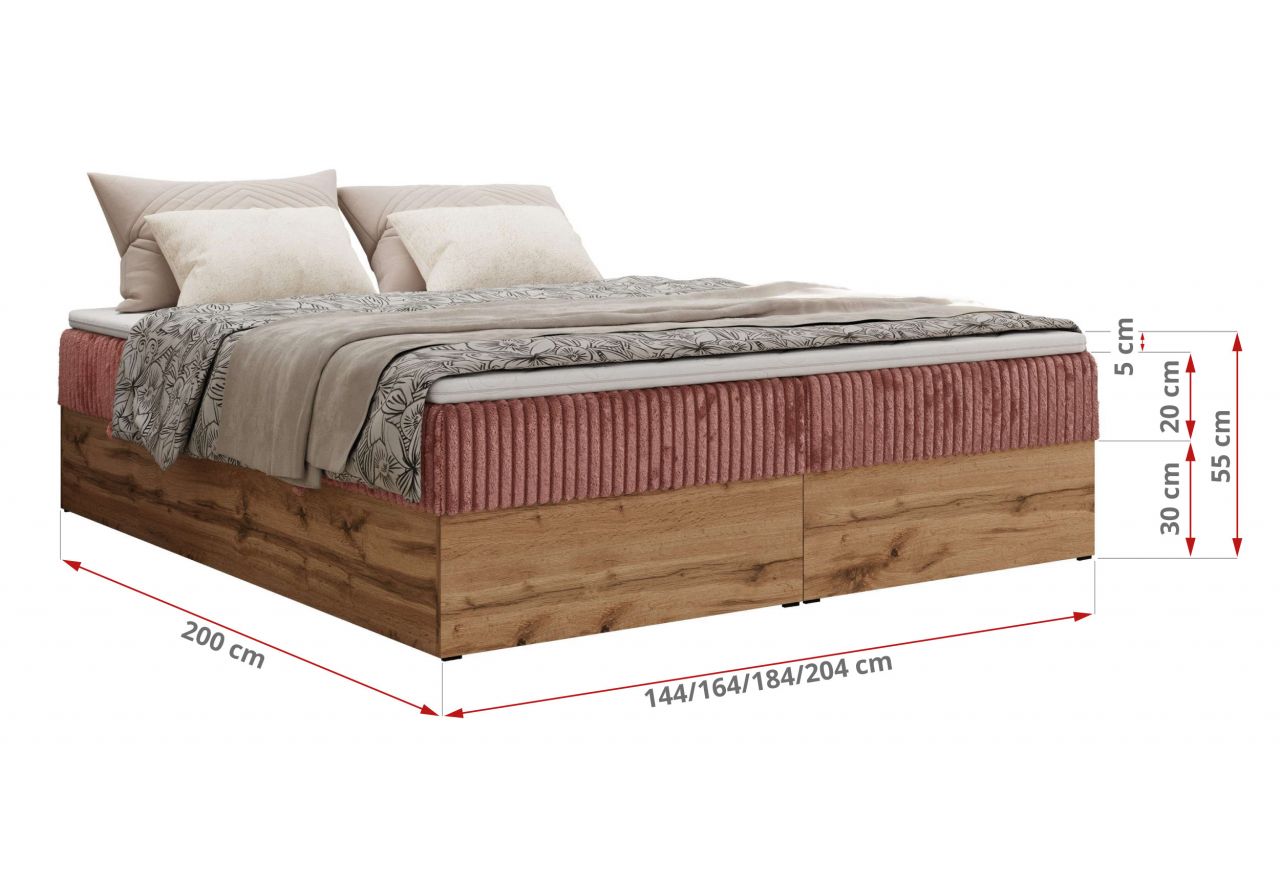 Łóżko kontynentalne - WOOD ZERO 200x200 - H3 - różowy, sztruks - topper T25