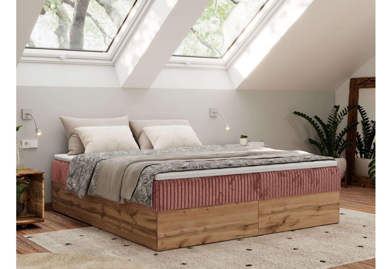 Łóżko kontynentalne - WOOD ZERO 140x200 - H4 - różowy, sztruks - topper T25
