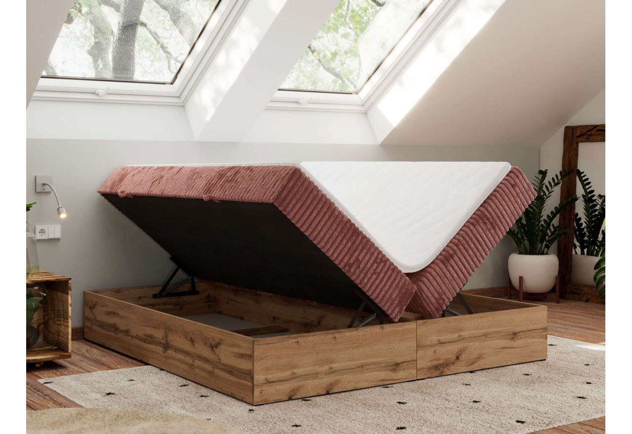 Łóżko kontynentalne - WOOD ZERO 140x200 - H4 - różowy, sztruks - topper T25
