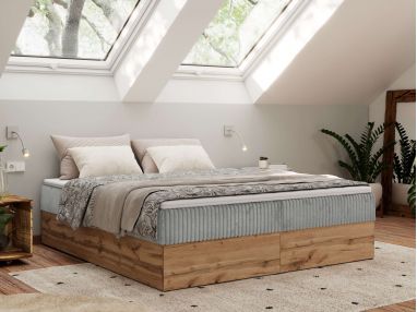 Łóżko kontynentalne - WOOD ZERO 140x200 - H4 - jasnoszary, sztruks - topper T25