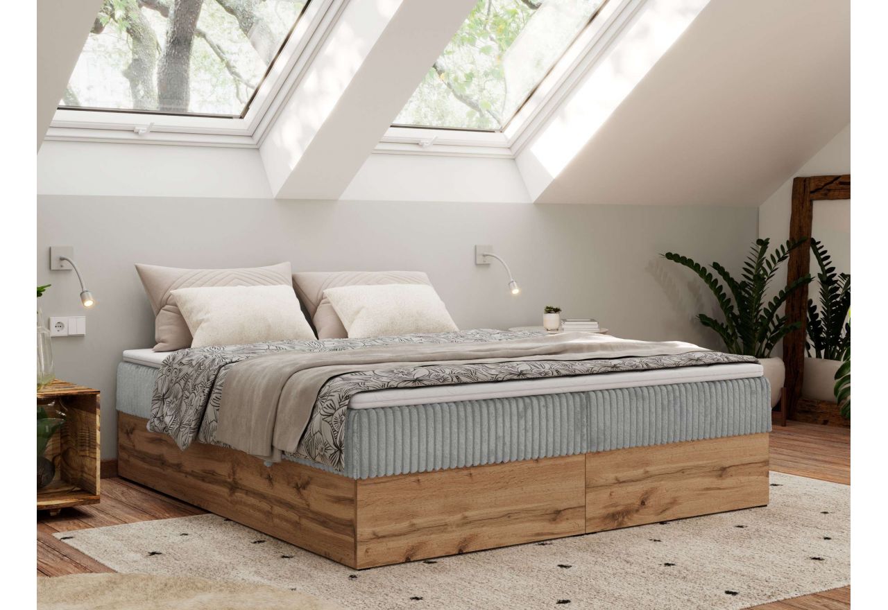 Łóżko kontynentalne - WOOD ZERO 140x200 - H4 - jasnoszary, sztruks - topper T25