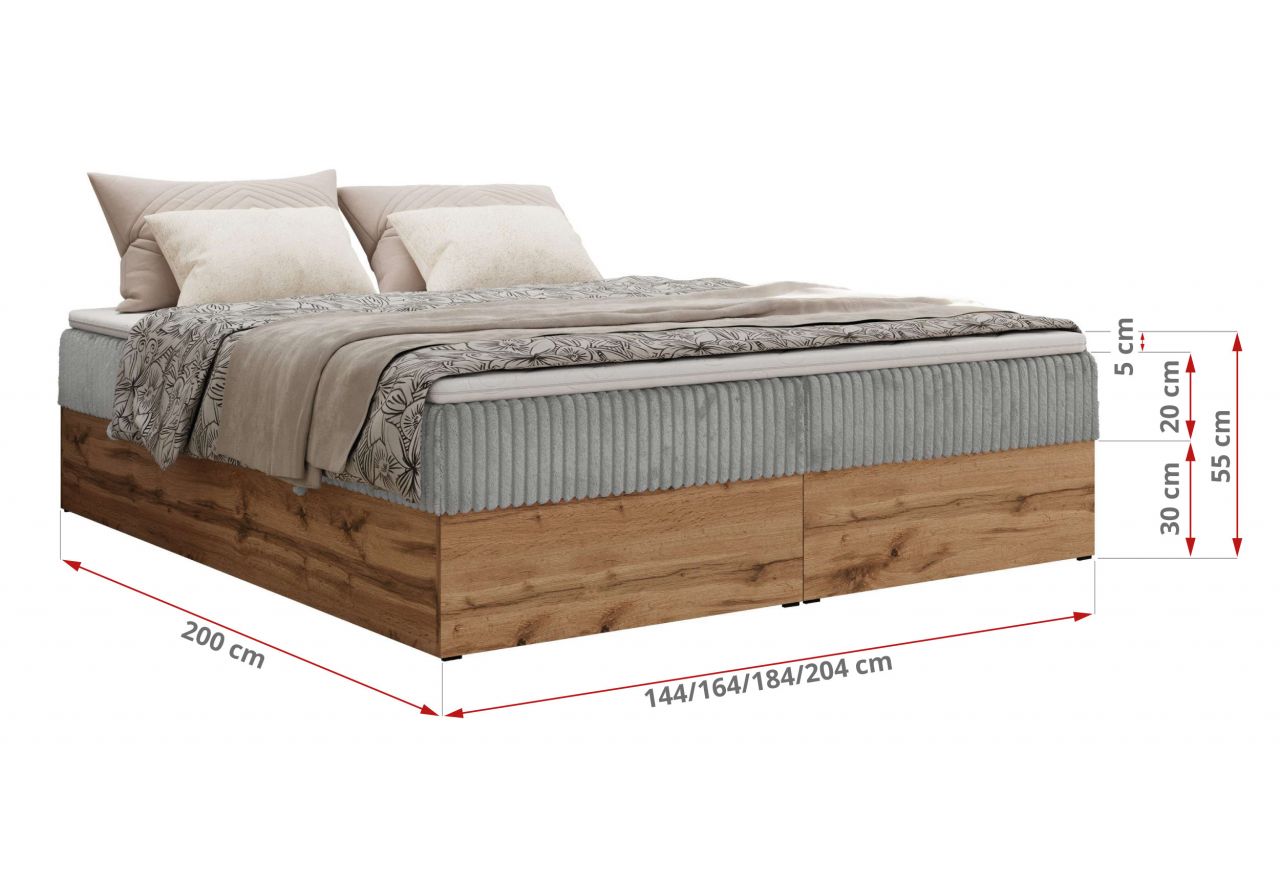 Łóżko kontynentalne - WOOD ZERO 140x200 - H4 - jasnoszary, sztruks - topper T25