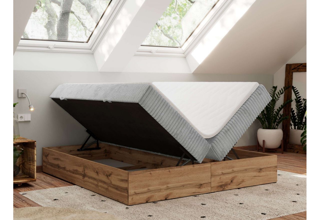 Łóżko kontynentalne - WOOD ZERO 200x200 - H4 - jasnoszary, sztruks - topper T25