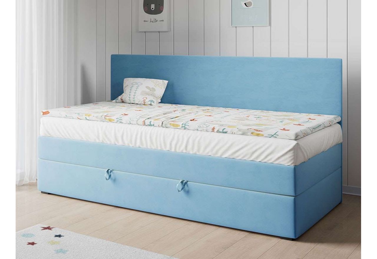Wolnostojące, praktyczne łóżko kontynentalne z pojemnikiem na pościel do sypialni nastolatka - KUBUŚ 2 Magic Velvet 2260