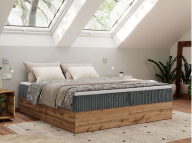 Łóżko kontynentalne - WOOD ZERO 140x200 - H4 - szary, sztruks - topper T25