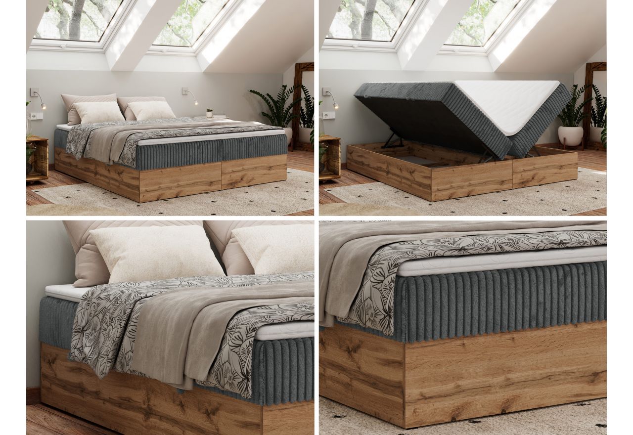 Łóżko kontynentalne - WOOD ZERO 180x200 - H4 - szary, sztruks - topper T25