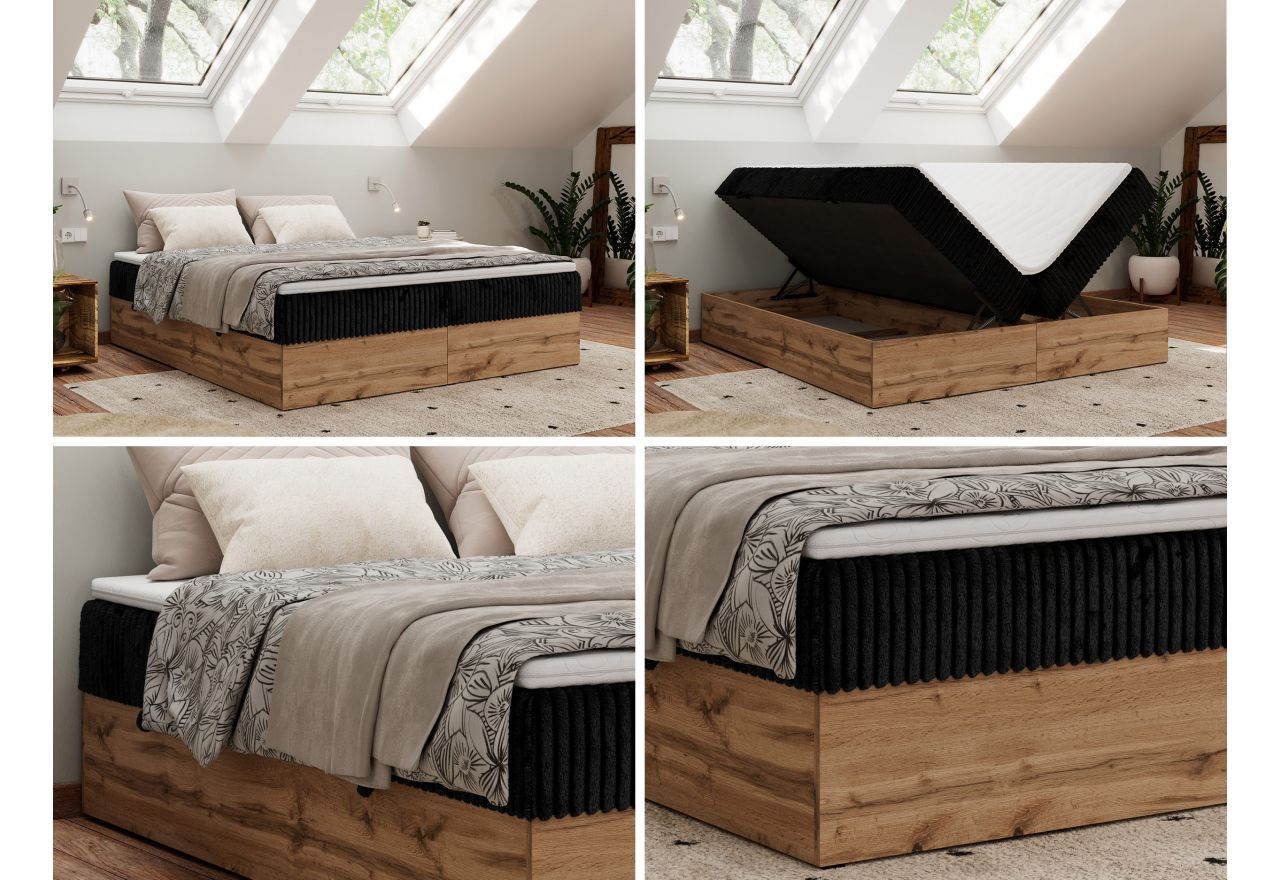 Łóżko kontynentalne - WOOD ZERO 200x200 - H3 - czarny, sztruks - topper T25