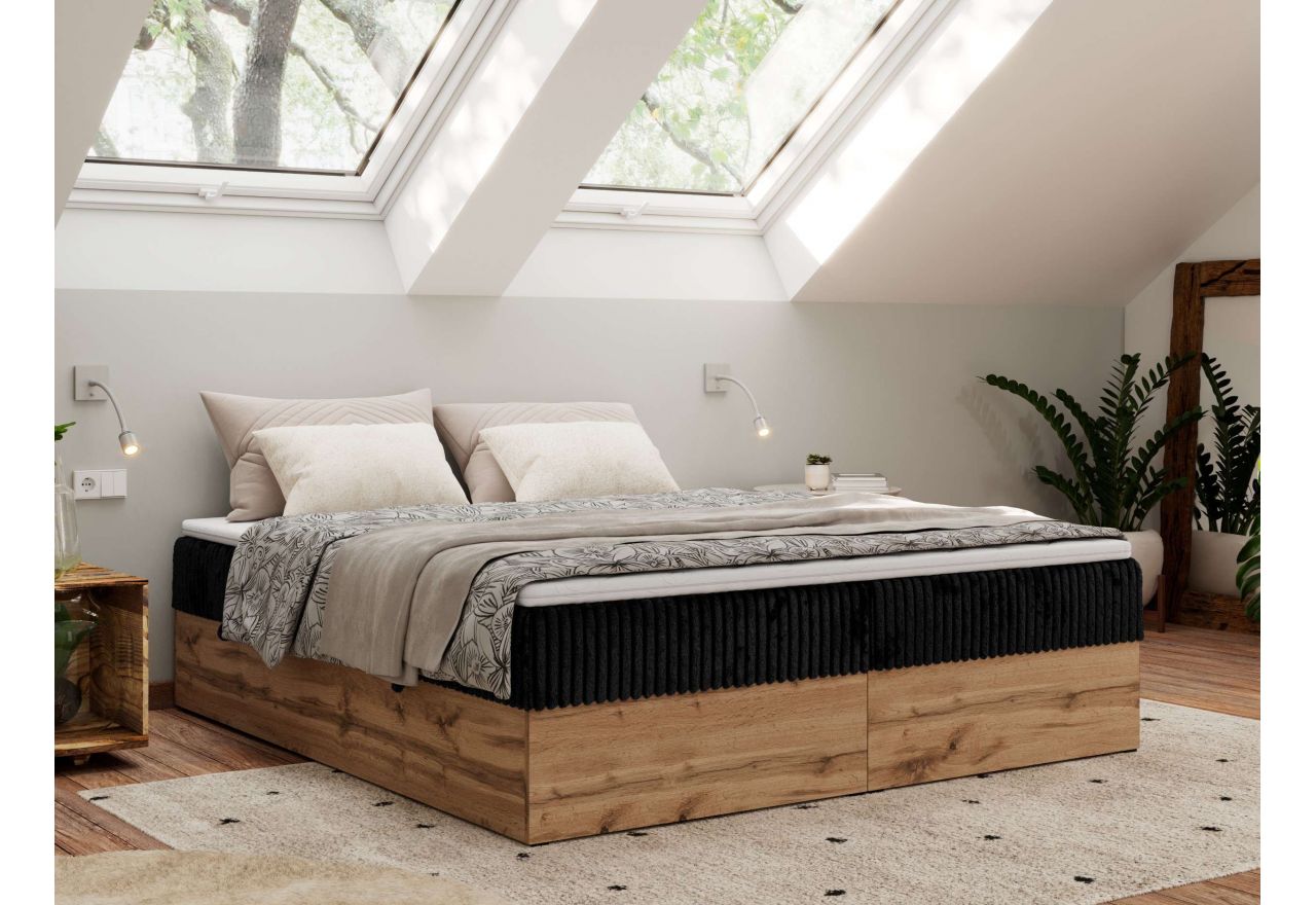 Łóżko kontynentalne - WOOD ZERO 140x200 - H4 - czarny, sztruks - topper T25