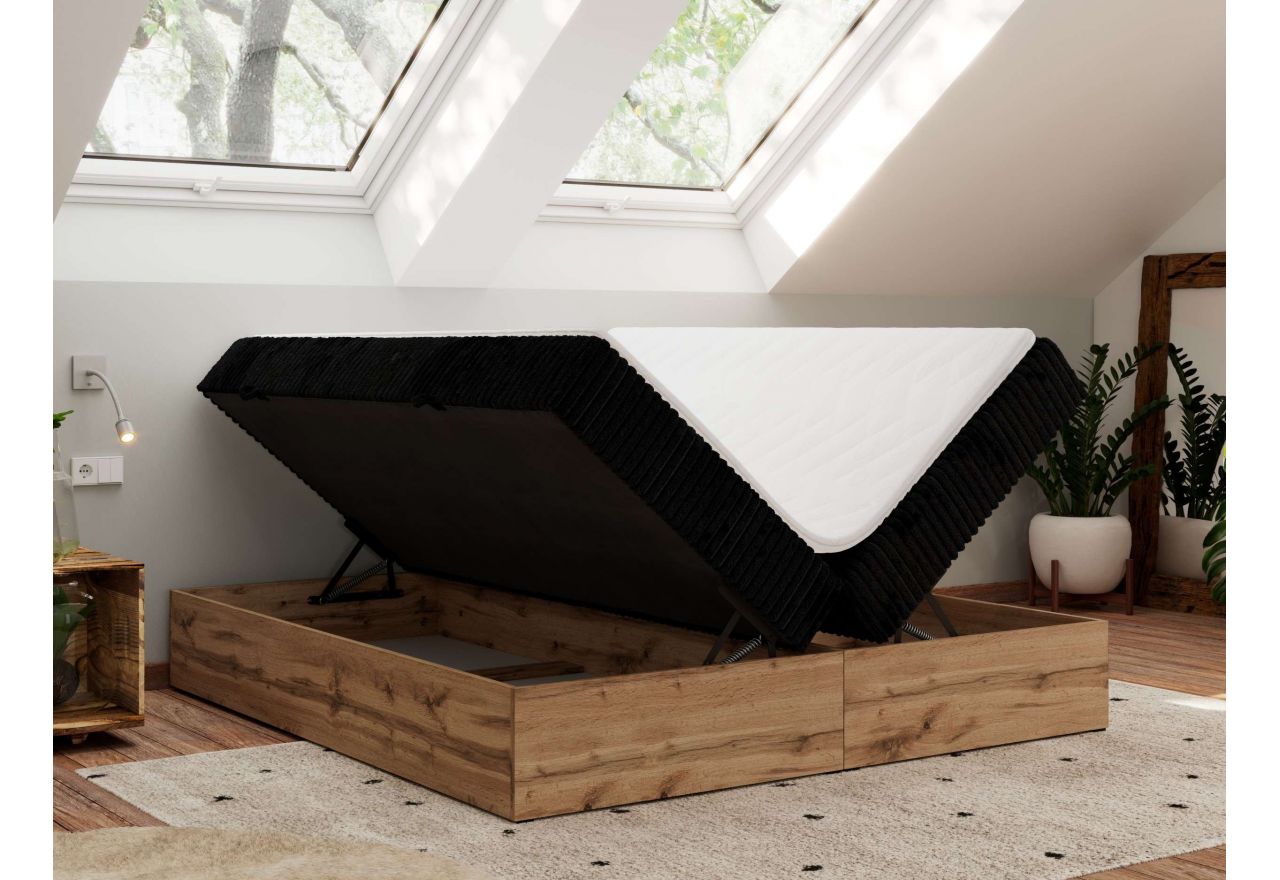 Łóżko kontynentalne - WOOD ZERO 200x200 - H4 - czarny, sztruks - topper T25