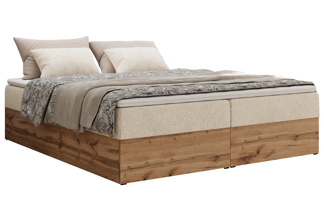 Łóżko kontynentalne - WOOD ZERO 200x200 - H3 - kremowy, struktura - topper Visco