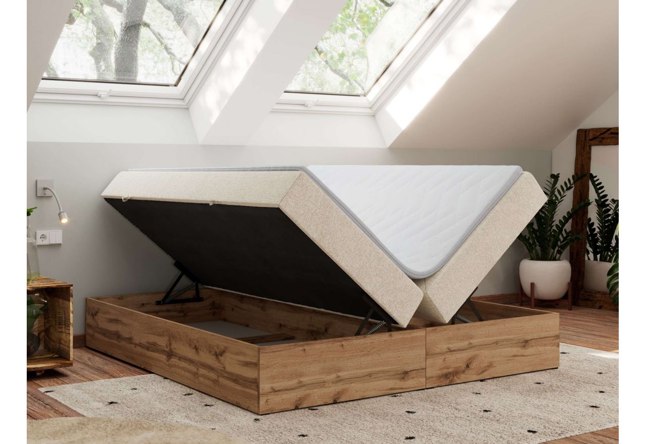 Łóżko kontynentalne - WOOD ZERO 200x200 - H3 - kremowy, struktura - topper Visco