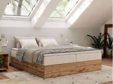 Łóżko kontynentalne - WOOD ZERO 180x200 - H4 - kremowy, struktura - topper Visco