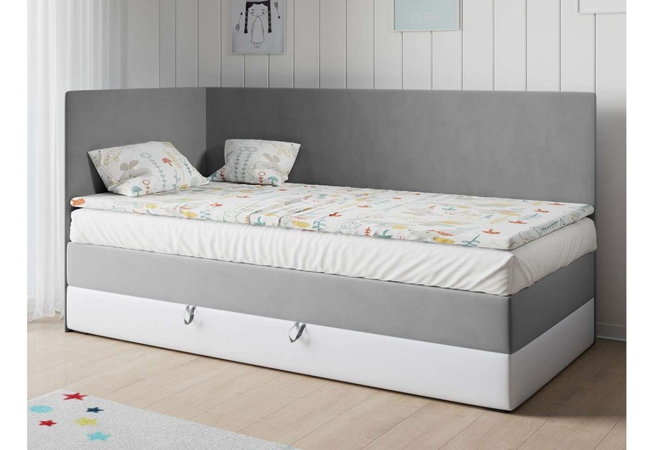Szaro-białe łóżko pojedyncze z pojemnikiem na pościel i wysokim wezgłowiem - KUBUŚ 3 Magic Velvet 2240 / Madryt 920