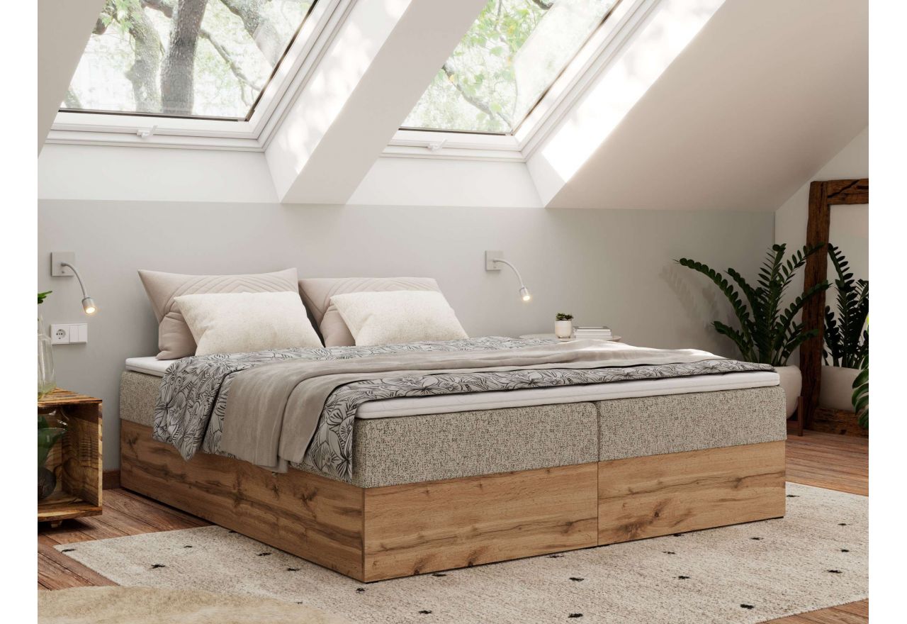 Łóżko kontynentalne - WOOD ZERO 140x200 - H3 - ciemnobeżowy, struktura - topper Visco