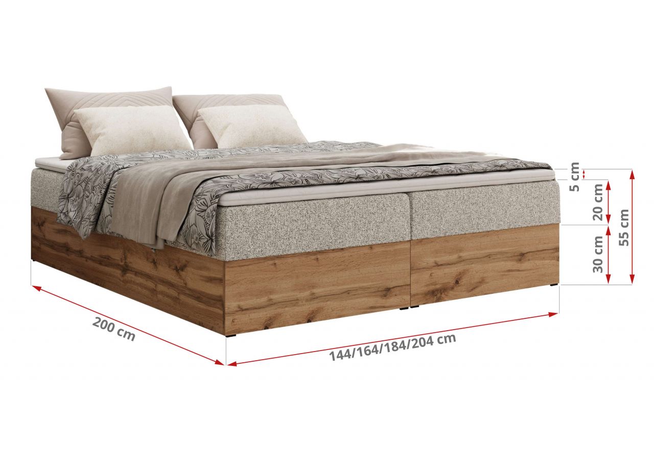 Łóżko kontynentalne - WOOD ZERO 200x200 - H3 - jasnoszary, struktura - topper Visco