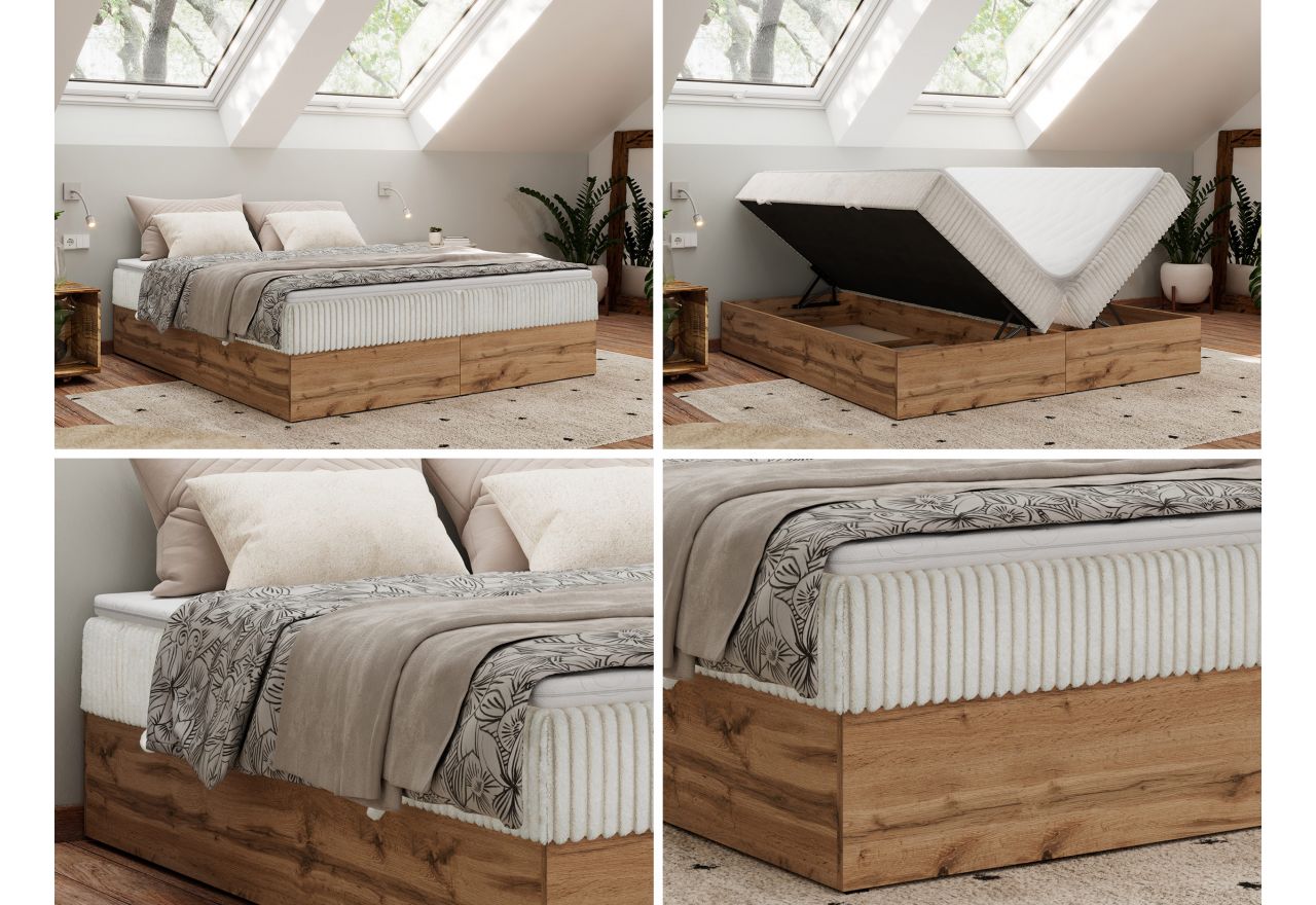Łóżko kontynentalne - WOOD ZERO 140x200 - H4 - beżowy, sztruks - topper Visco