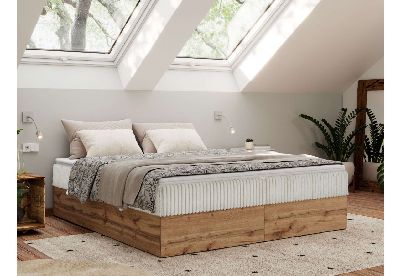 Łóżko kontynentalne - WOOD ZERO 200x200 - H4 - beżowy, sztruks - topper Visco