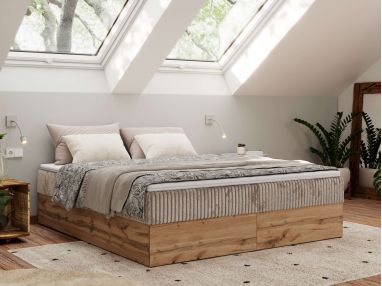 Łóżko kontynentalne - WOOD ZERO 180x200 - H3 - jasnobrązowy, sztruks - topper Visco