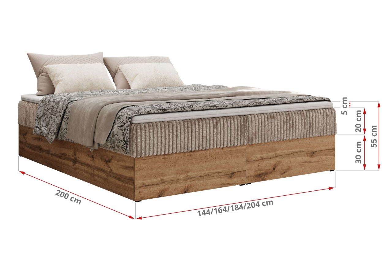 Łóżko kontynentalne - WOOD ZERO 200x200 - H3 - jasnobrązowy, sztruks - topper Visco