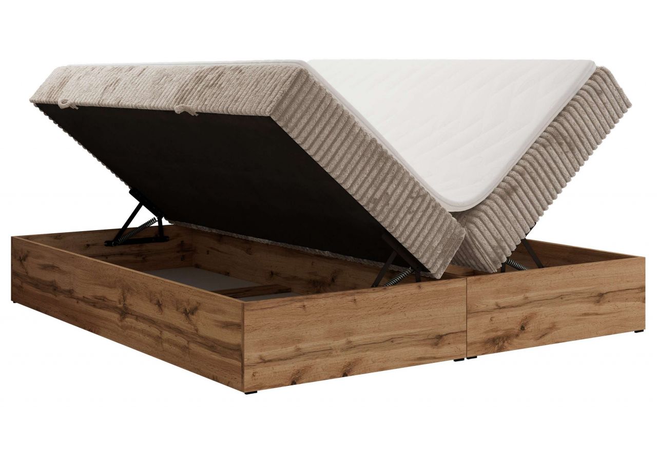 Łóżko kontynentalne - WOOD ZERO 200x200 - H3 - jasnobrązowy, sztruks - topper Visco