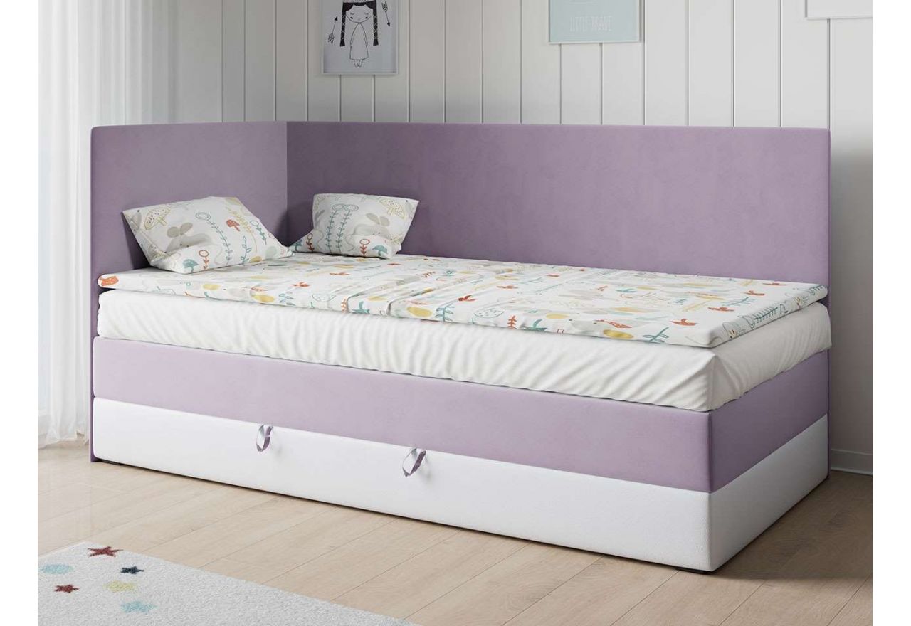 Gustowne, stylowe pojedyncze łóżko z pojemnikiem na pościel i materacem do sypialni - KUBUŚ 3 Magic Velvet 2249 / Madryt 920