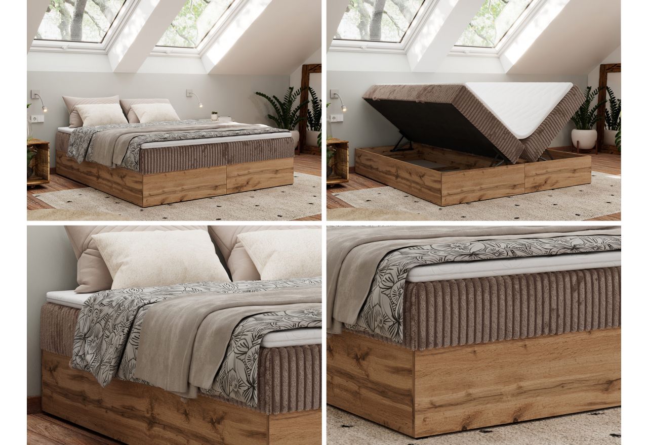 Łóżko kontynentalne - WOOD ZERO 140x200 - H3 - brązowy, sztruks - topper Visco