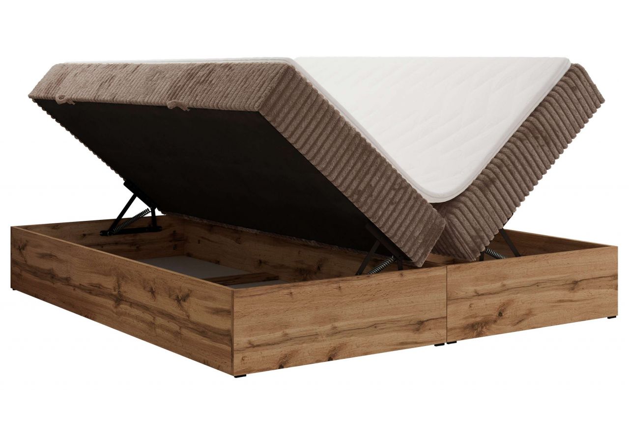 Łóżko kontynentalne - WOOD ZERO 160x200 - H3 - brązowy, sztruks - topper Visco