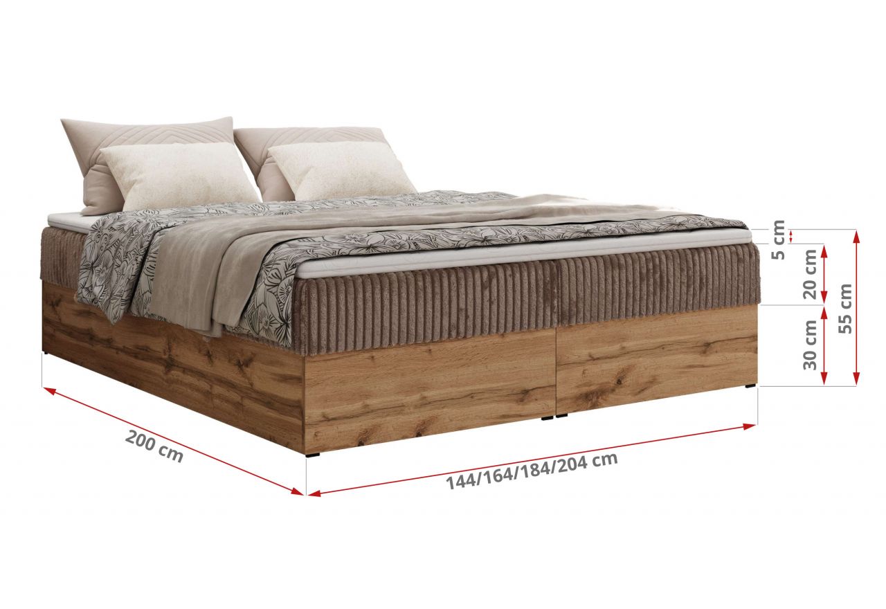 Łóżko kontynentalne - WOOD ZERO 140x200 - H4 - brązowy, sztruks - topper Visco