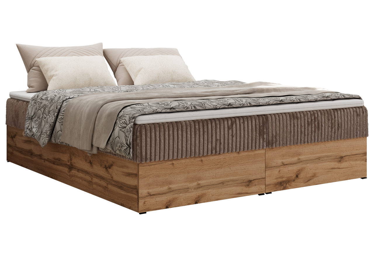 Łóżko kontynentalne - WOOD ZERO 180x200 - H4 - brązowy, sztruks - topper Visco