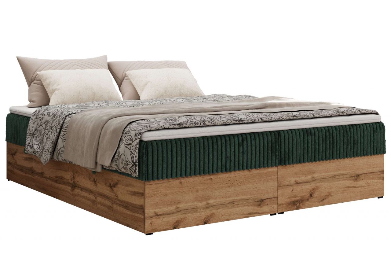 Łóżko kontynentalne - WOOD ZERO 160x200 - H3 - ciemnozielony, sztruks - topper Visco