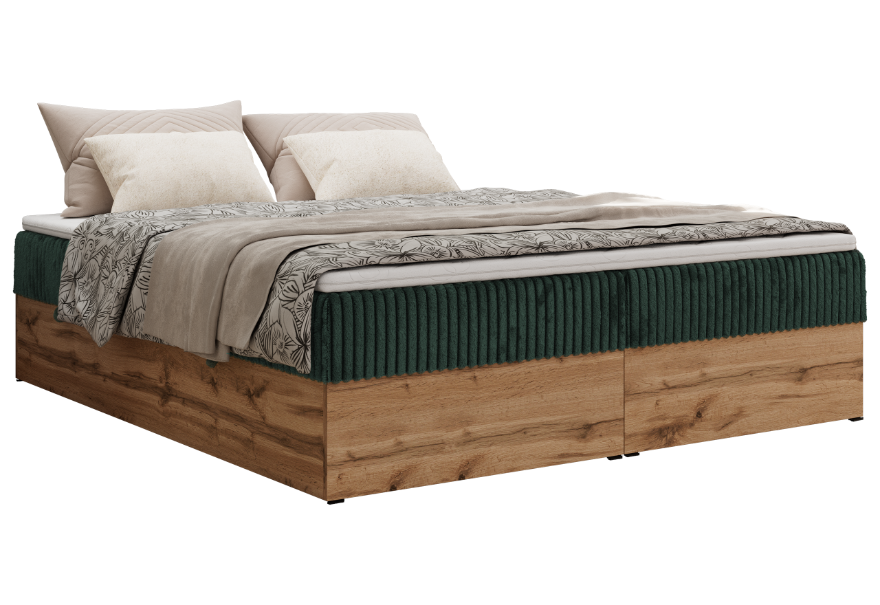 Łóżko kontynentalne - WOOD ZERO 140x200 - H4 - ciemnozielony, sztruks - topper Visco