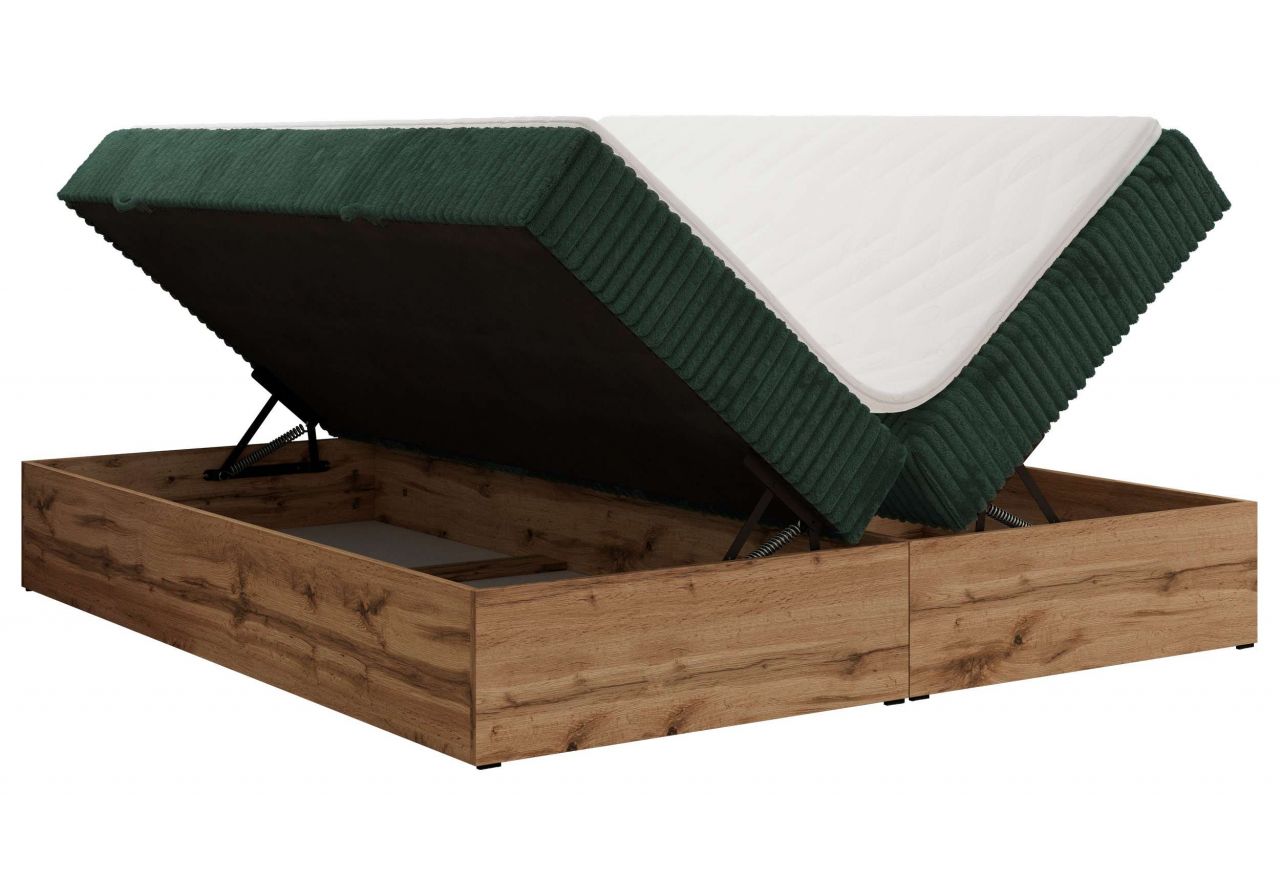 Łóżko kontynentalne - WOOD ZERO 160x200 - H4 - ciemnozielony, sztruks - topper Visco