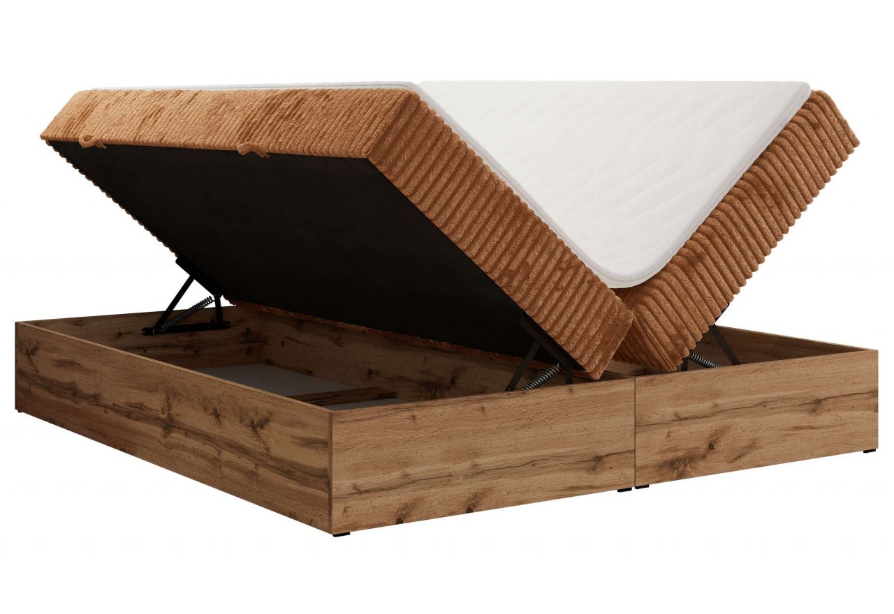 Łóżko kontynentalne - WOOD ZERO 160x200 - H4 - pomarańczowy, sztruks - topper Visco