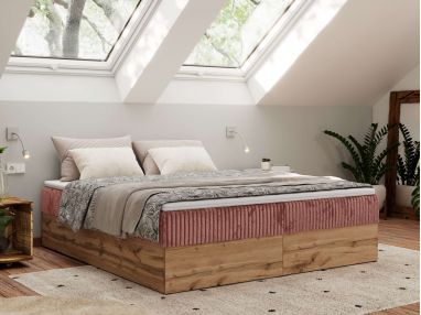 Łóżko kontynentalne - WOOD ZERO 200x200 - H3 - różowy, sztruks - topper Visco