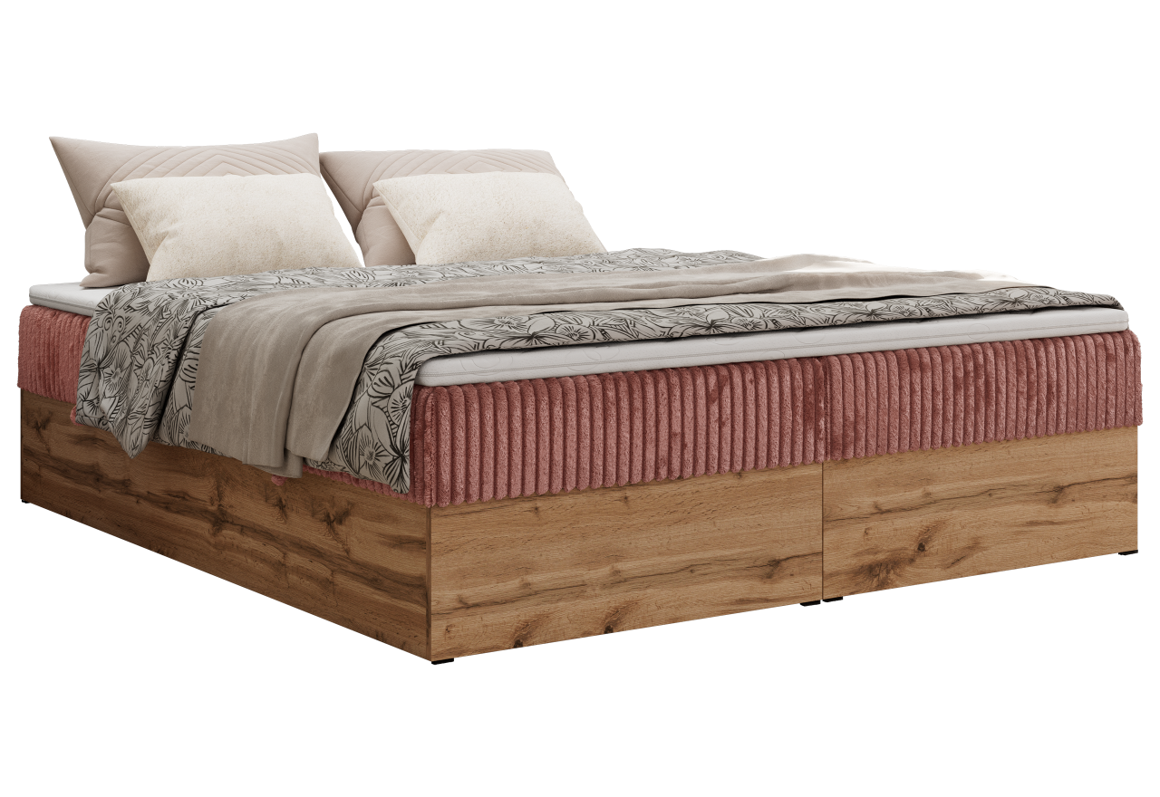 Łóżko kontynentalne - WOOD ZERO 140x200 - H4 - różowy, sztruks - topper Visco