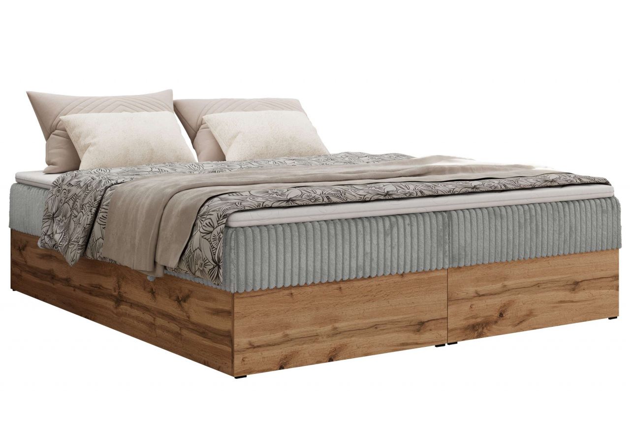 Łóżko kontynentalne - WOOD ZERO 160x200 - H3 - jasnoszary, sztruks - topper Visco