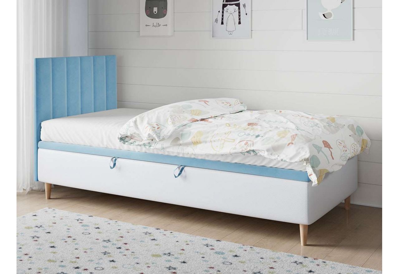 Eleganckie łóżko kontynentalne z opcją wyboru materaca i z wysokim wezgłowiem - NELA 1 błękitny welwet z białą ecoskórą